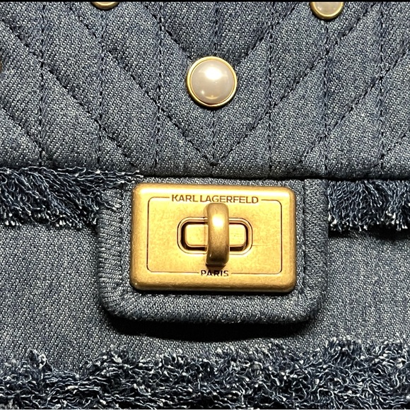 Karl Lagerfeld Paris Agyness Denim Shoulder Bag Pearl. - Picture 3 of 8